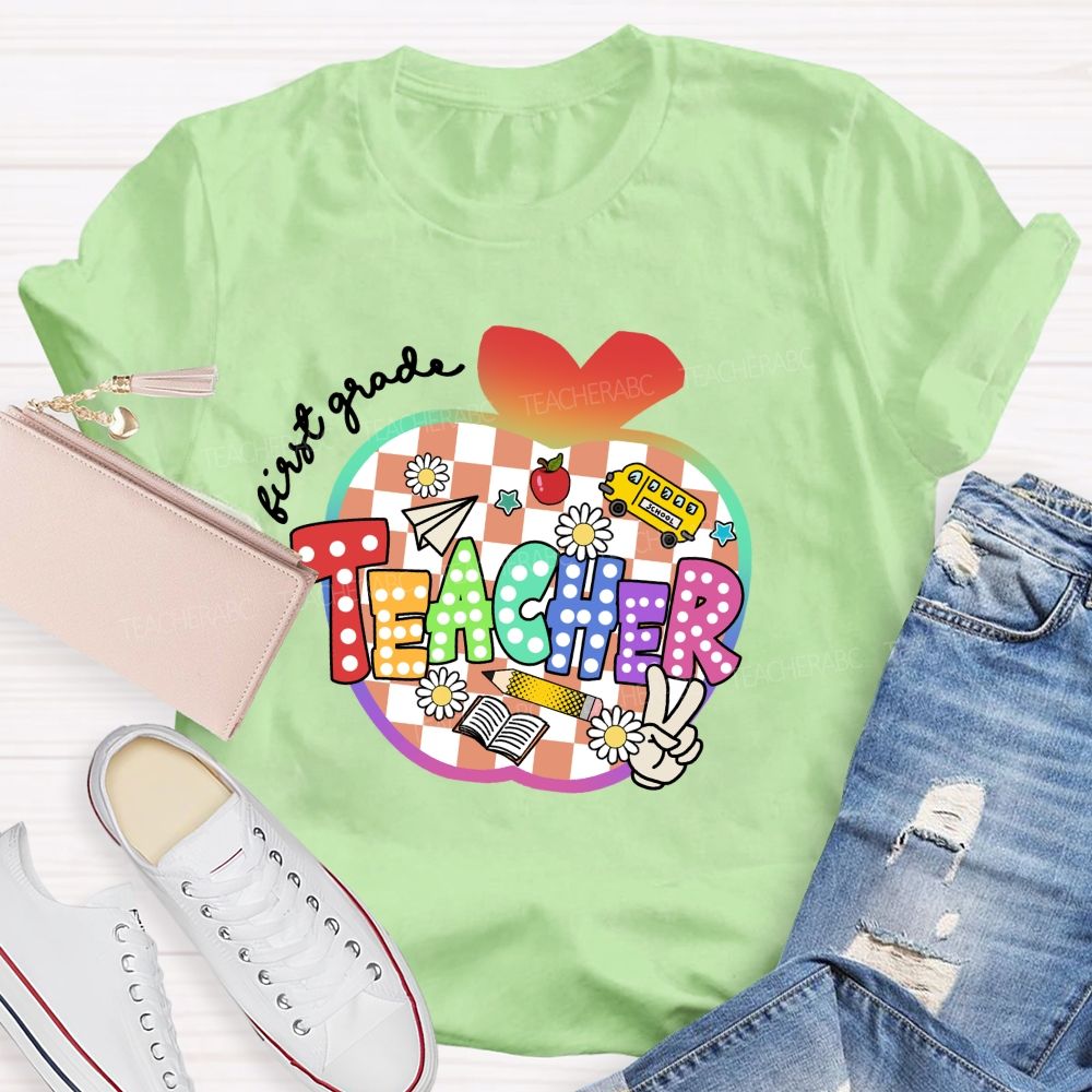 Personalized Grade Colorful Checkered Apple Teacher T-Shirt