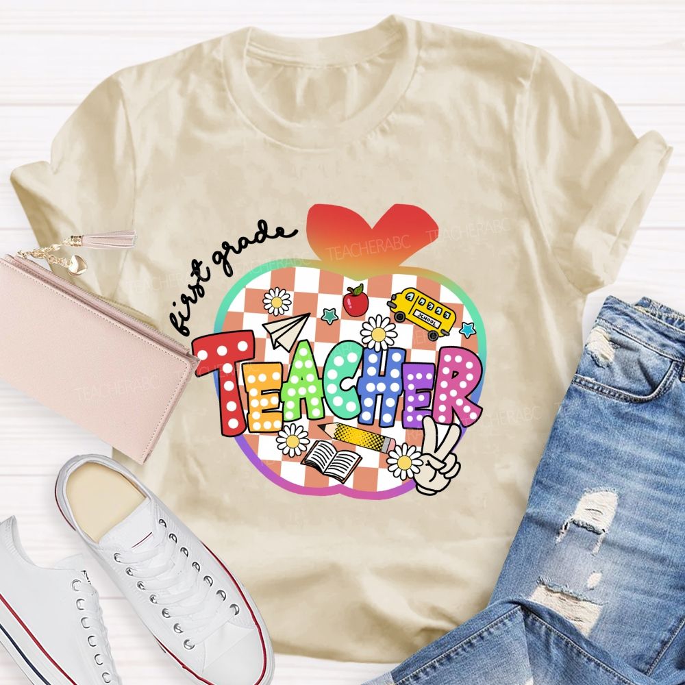 Personalized Grade Colorful Checkered Apple Teacher T-Shirt