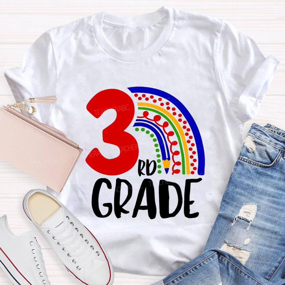 Personalized Grade Pencil Rainbow Teacher T-Shirt