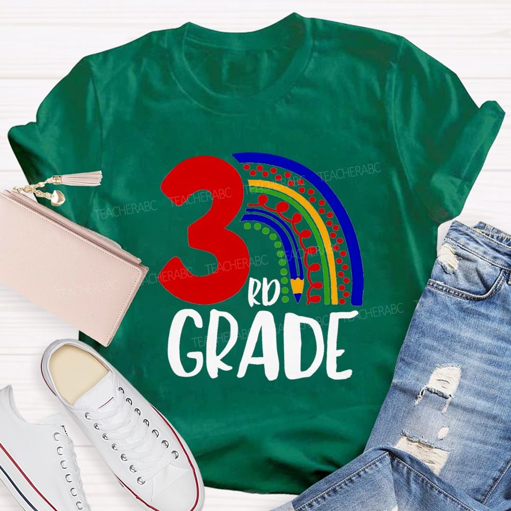 Personalized Grade Pencil Rainbow Teacher T-Shirt