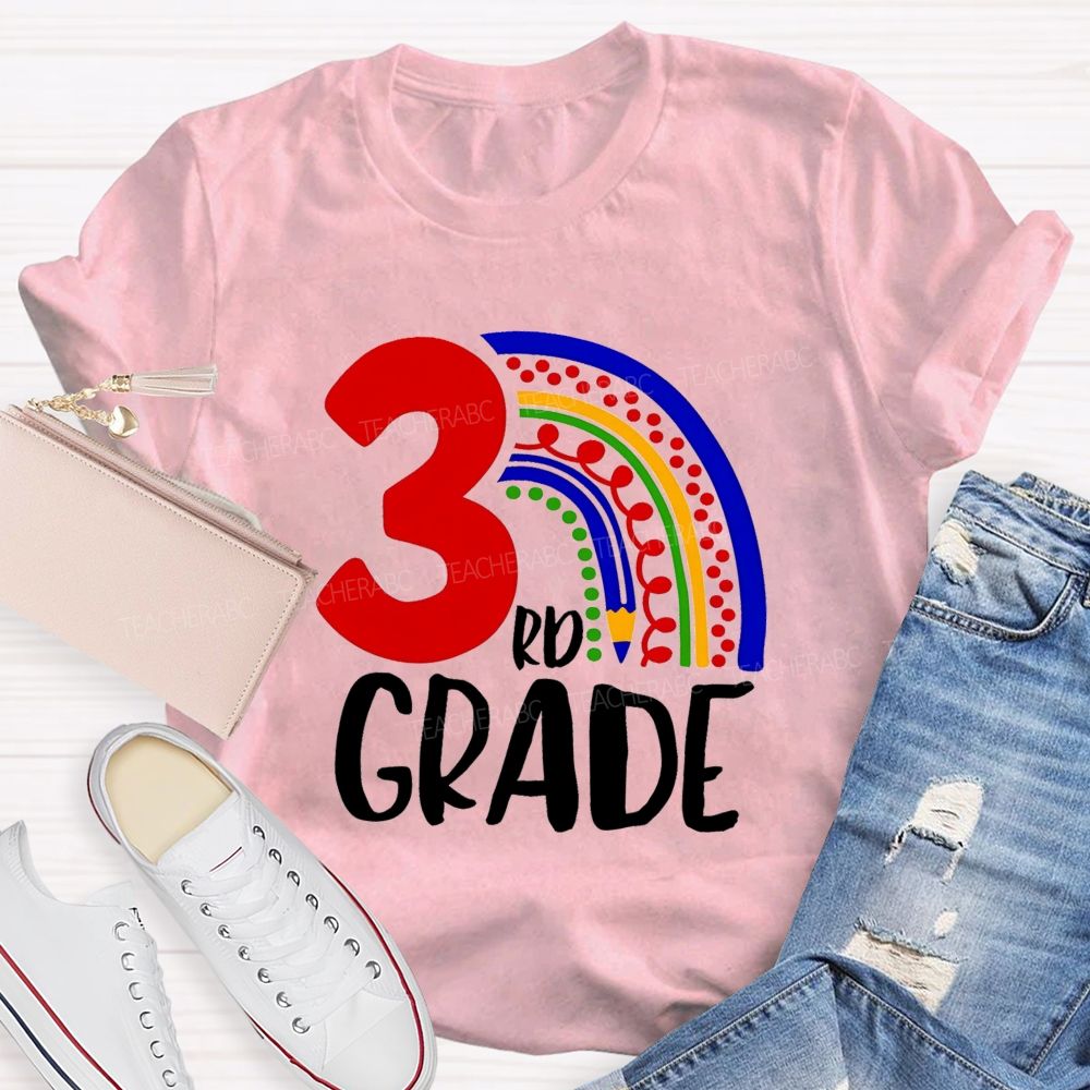 Personalized Grade Pencil Rainbow Teacher T-Shirt