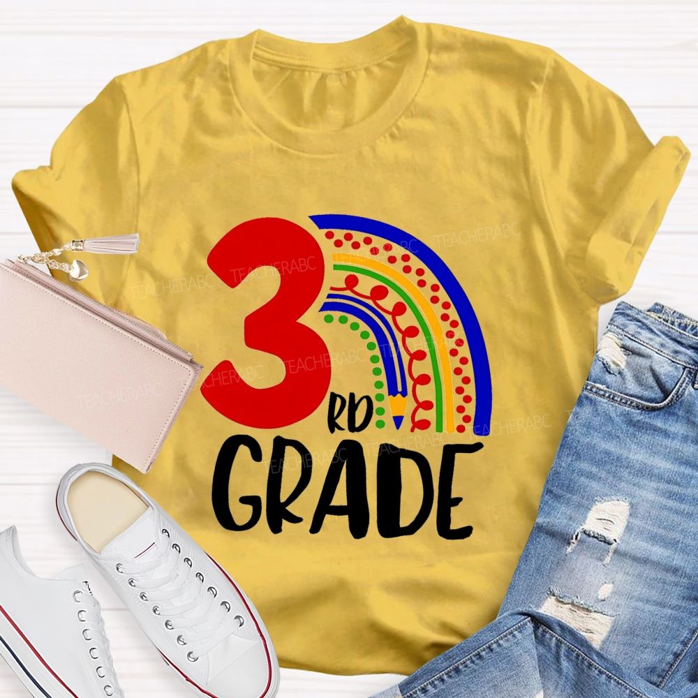 Personalized Grade Pencil Rainbow Teacher T-Shirt