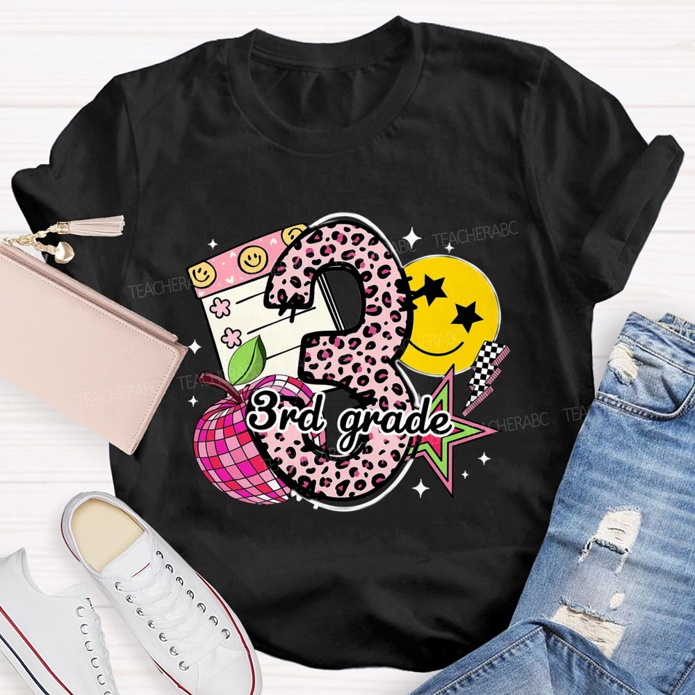 Personalized Grade Pink Leopard Number Apple Star Teacher T-Shirt