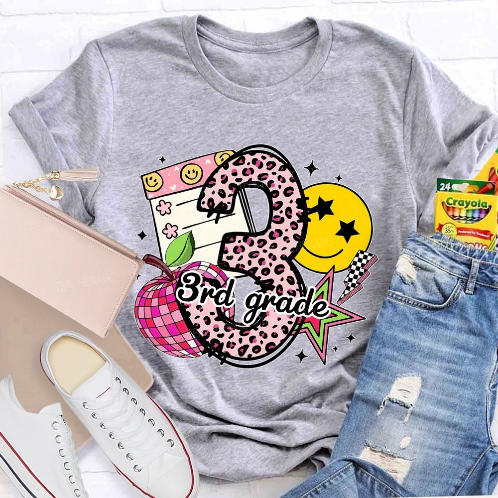 Personalized Grade Pink Leopard Number Apple Star Teacher T-Shirt