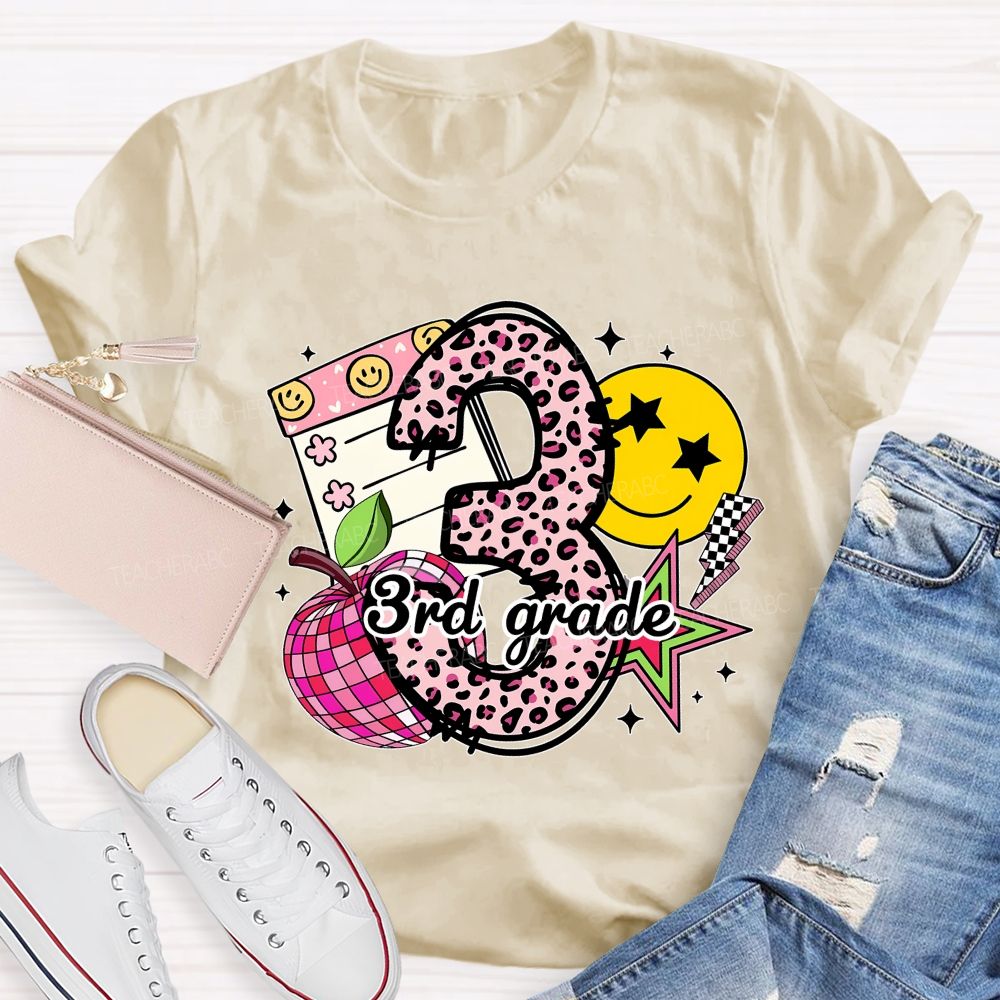 Personalized Grade Pink Leopard Number Apple Star Teacher T-Shirt
