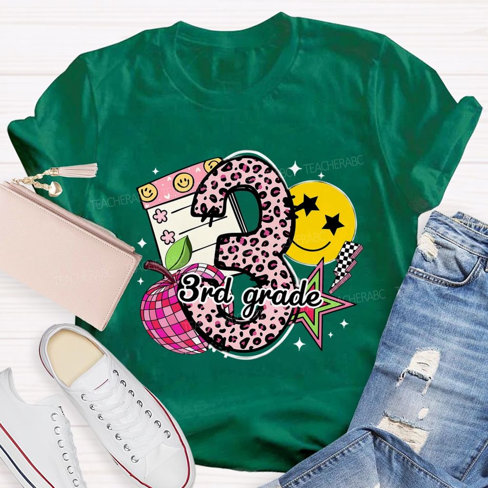 Personalized Grade Pink Leopard Number Apple Star Teacher T-Shirt