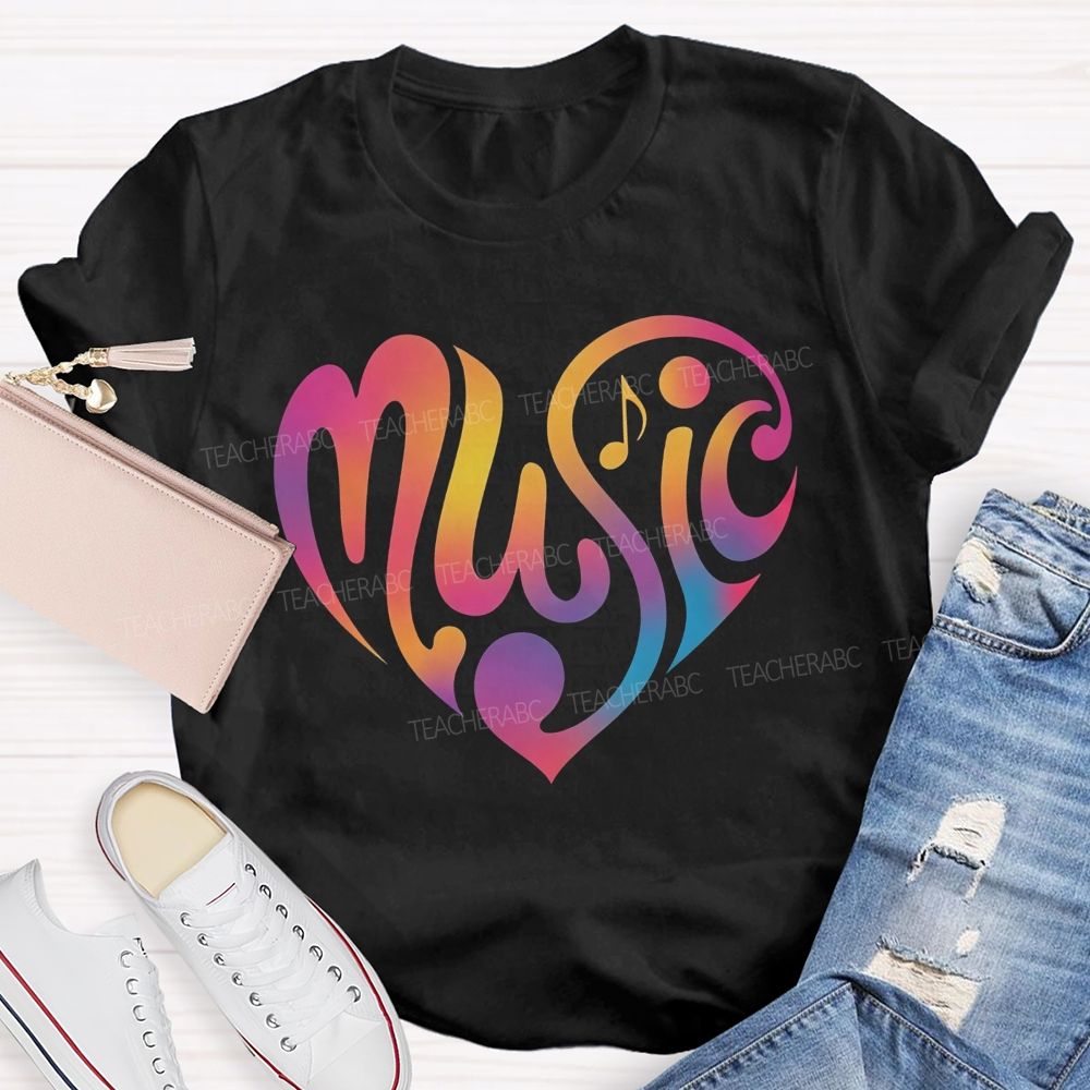 Rainbow Gradient Heart Music Teacher T-shirt
