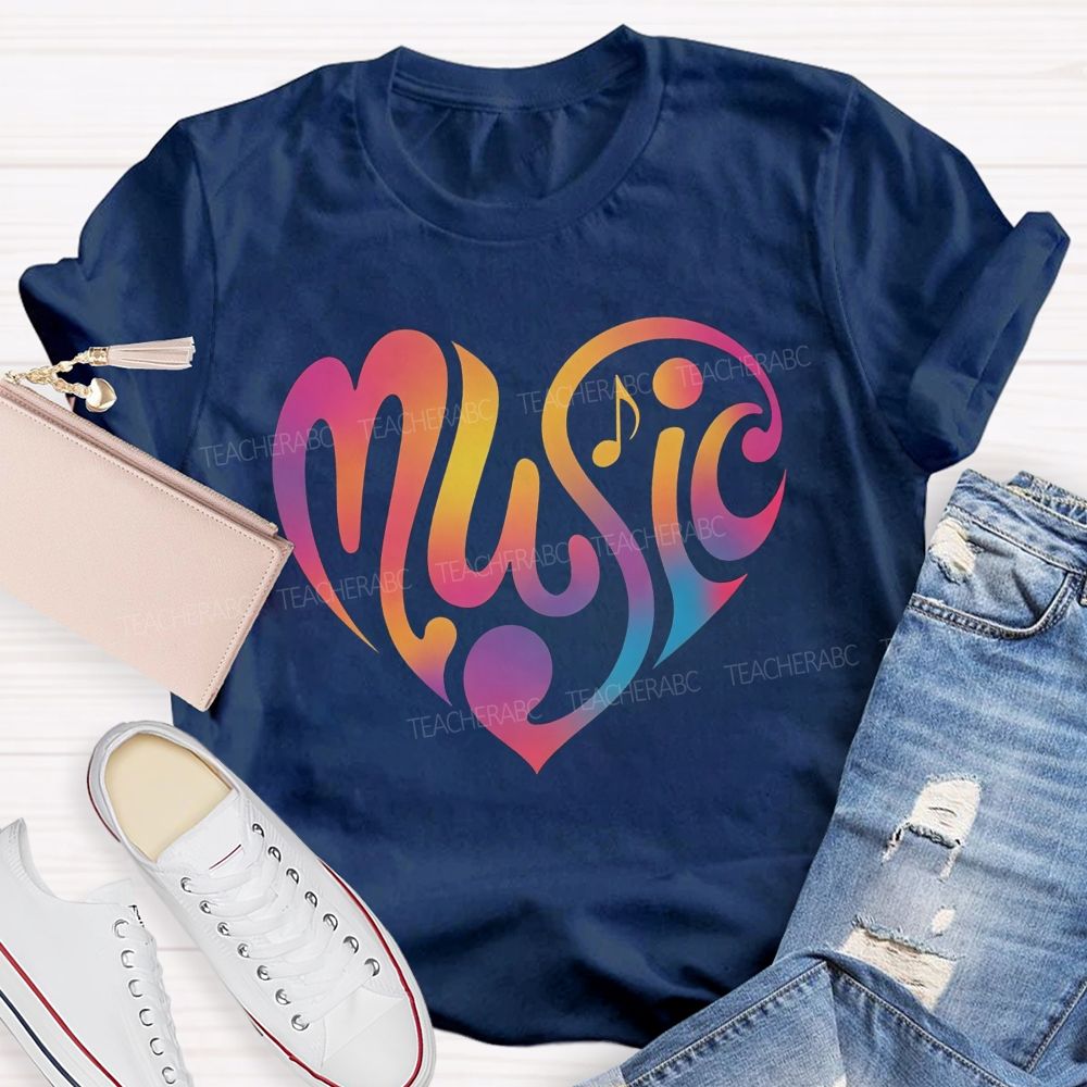 Rainbow Gradient Heart Music Teacher T-shirt