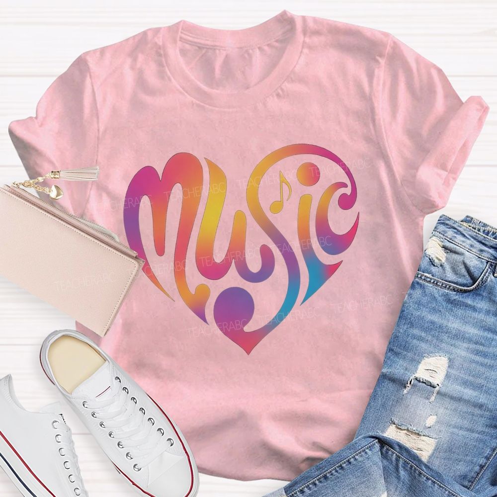 Rainbow Gradient Heart Music Teacher T-shirt