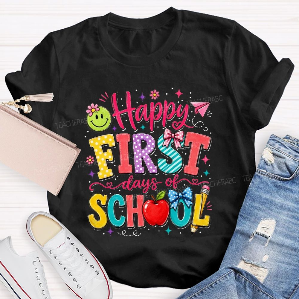Happy First Day Of School Polka Dot Bow Apple Smiley Face Teacher T-shirt