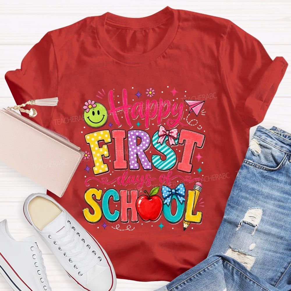 Happy First Day Of School Polka Dot Bow Apple Smiley Face Teacher T-shirt