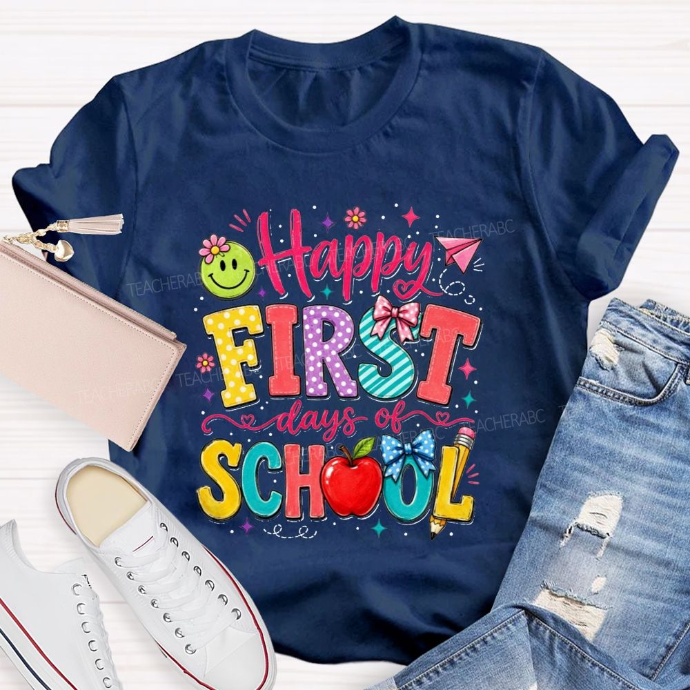 Happy First Day Of School Polka Dot Bow Apple Smiley Face Teacher T-shirt