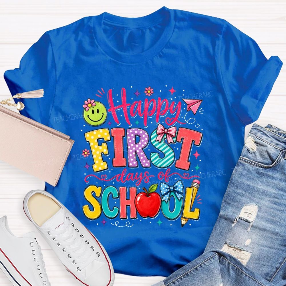 Happy First Day Of School Polka Dot Bow Apple Smiley Face Teacher T-shirt