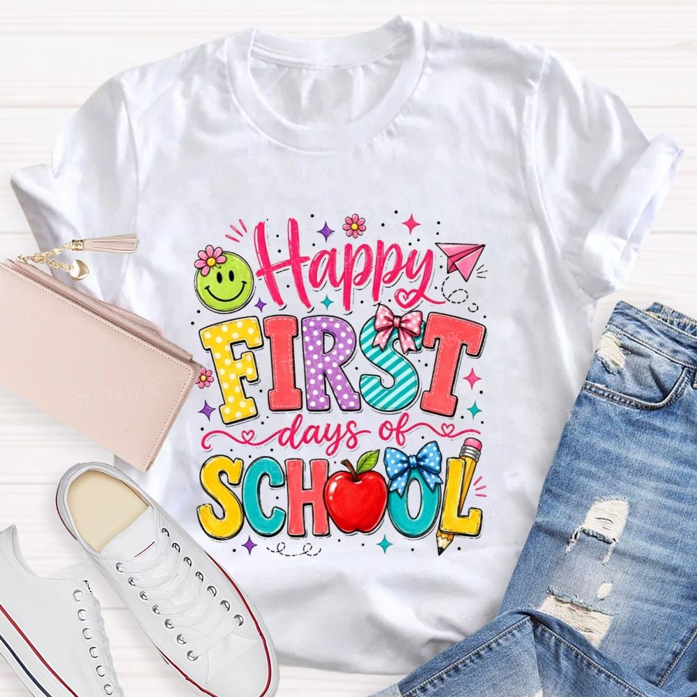 Happy First Day Of School Polka Dot Bow Apple Smiley Face Teacher T-shirt