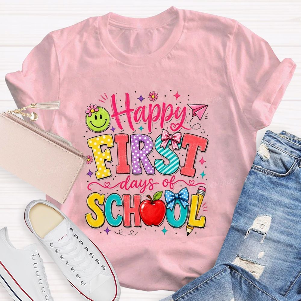Happy First Day Of School Polka Dot Bow Apple Smiley Face Teacher T-shirt