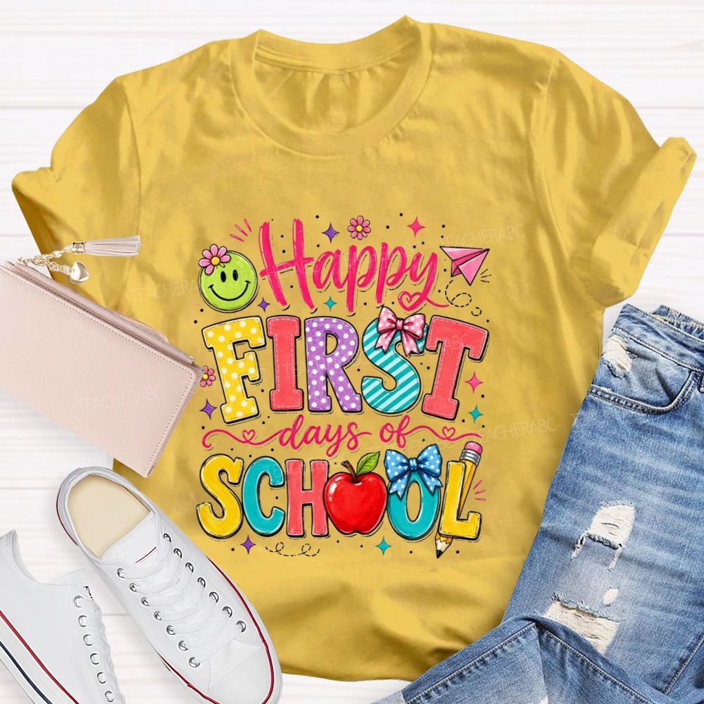 Happy First Day Of School Polka Dot Bow Apple Smiley Face Teacher T-shirt