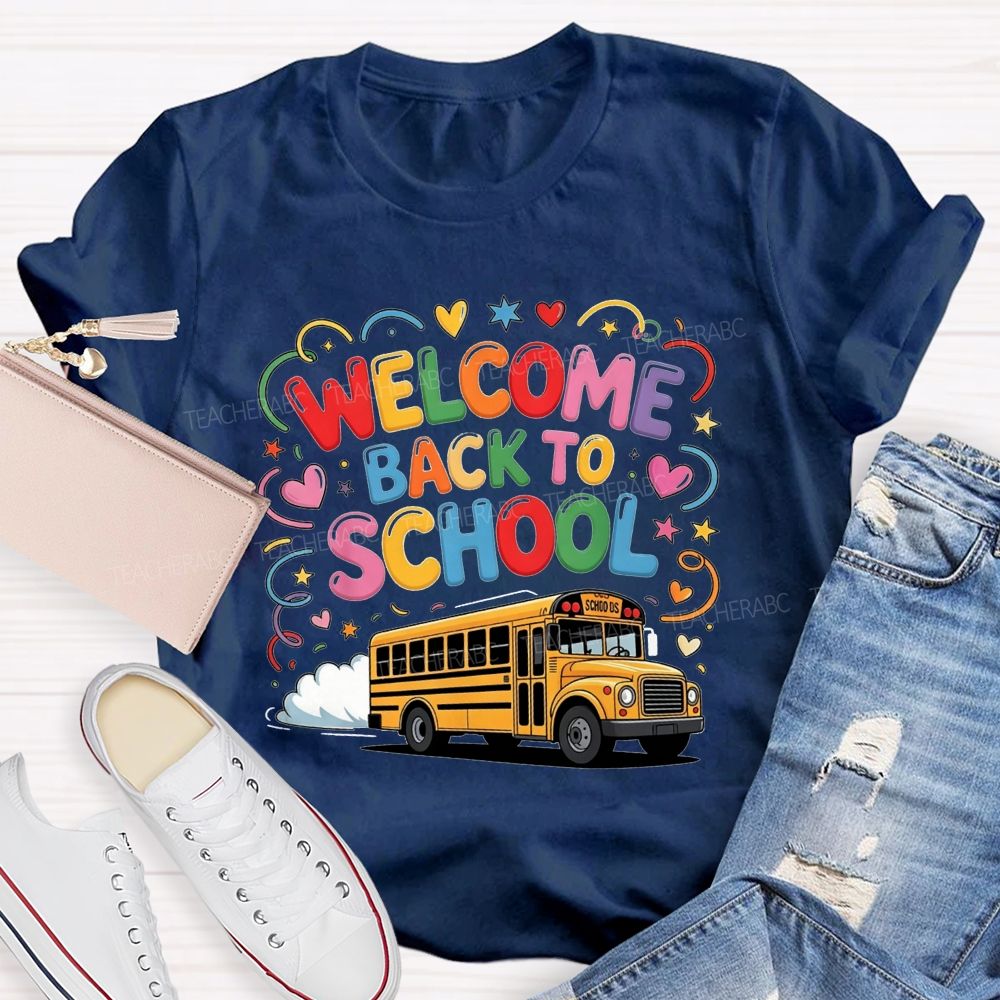 Welcome Back To School Rainbow Bubble Letter Yellow School Bus T-shirt