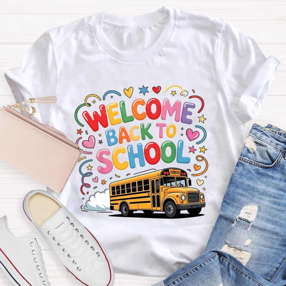 Welcome Back To School Rainbow Bubble Letter Yellow School Bus T-shirt