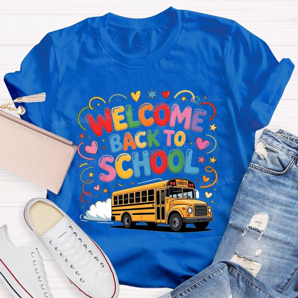 Welcome Back To School Rainbow Bubble Letter Yellow School Bus T-shirt