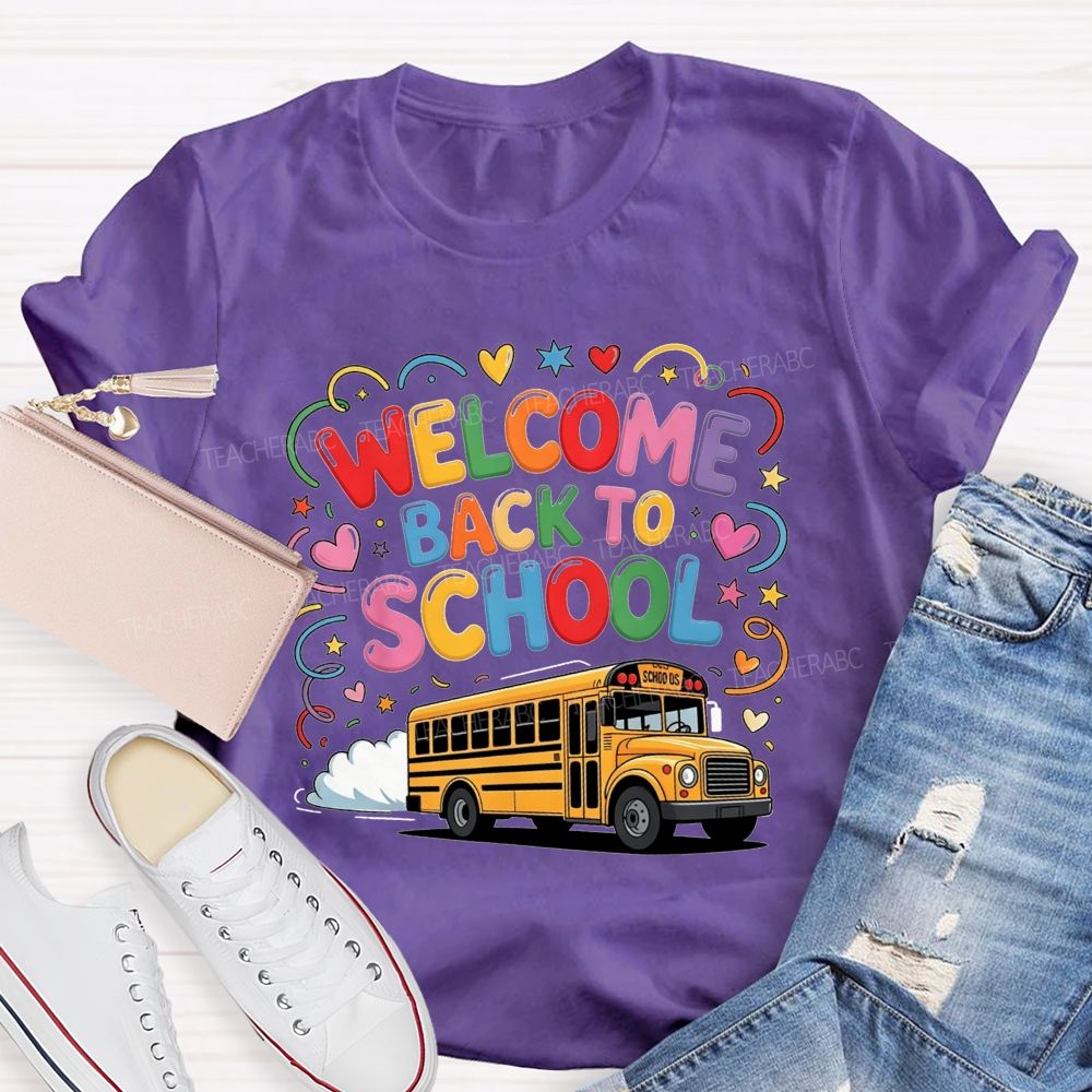 Welcome Back To School Rainbow Bubble Letter Yellow School Bus T-shirt