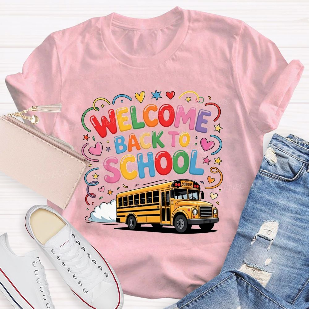 Welcome Back To School Rainbow Bubble Letter Yellow School Bus T-shirt
