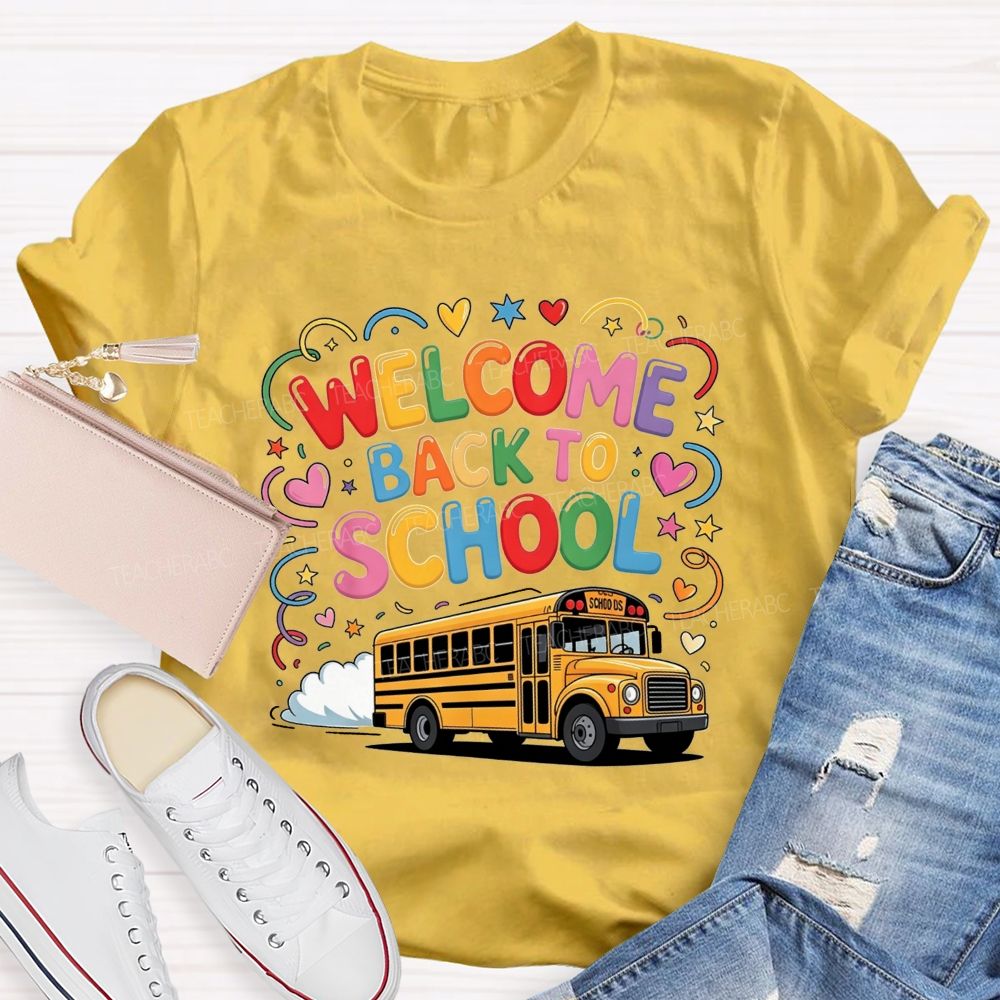 Welcome Back To School Rainbow Bubble Letter Yellow School Bus T-shirt