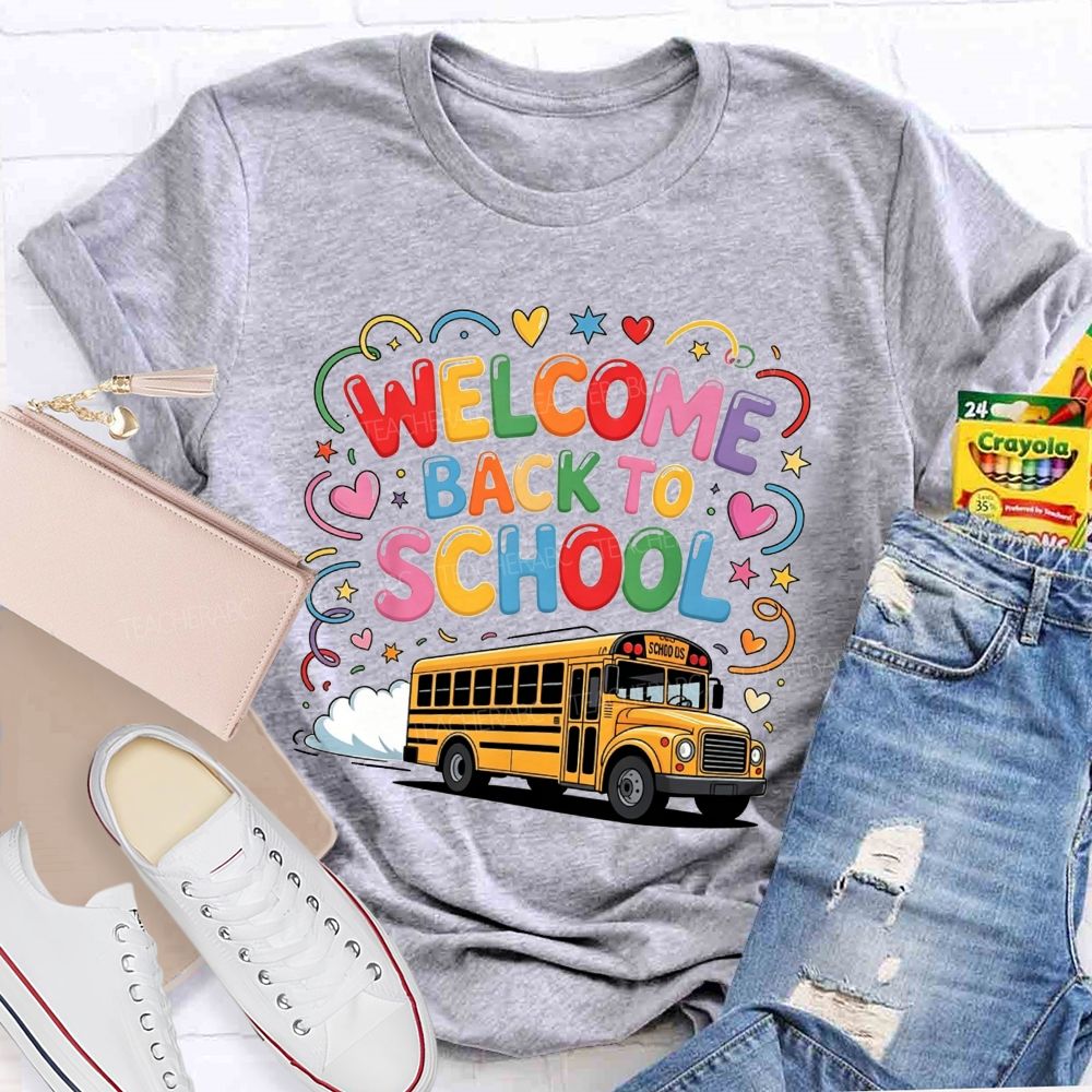 Welcome Back To School Rainbow Bubble Letter Yellow School Bus T-shirt