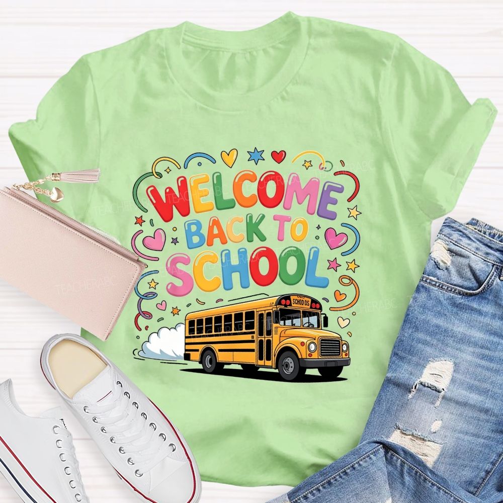 Welcome Back To School Rainbow Bubble Letter Yellow School Bus T-shirt