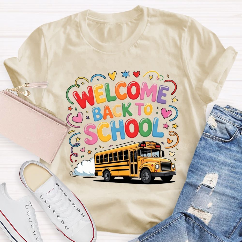 Welcome Back To School Rainbow Bubble Letter Yellow School Bus T-shirt