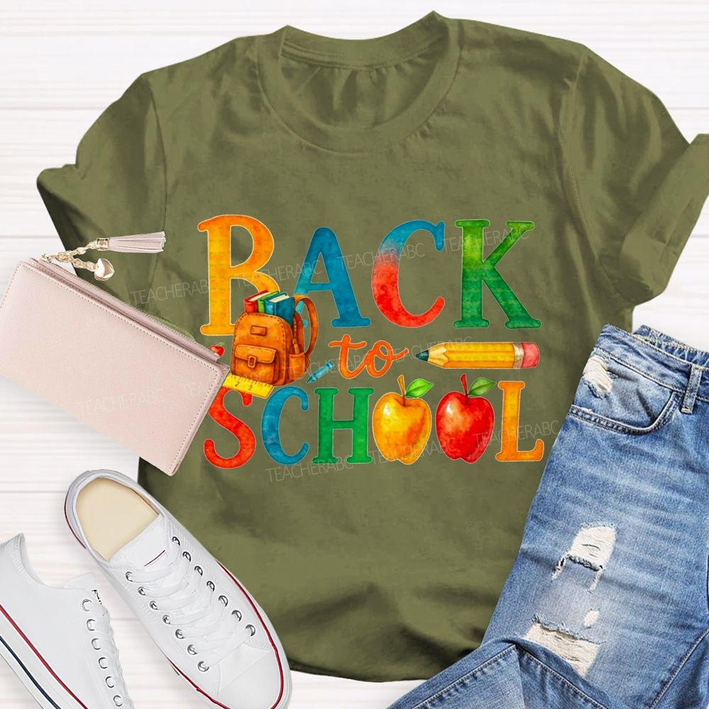 Watercolor Rainbow Back To School Backpack Apple Pencil Ruler Teacher T-shirt