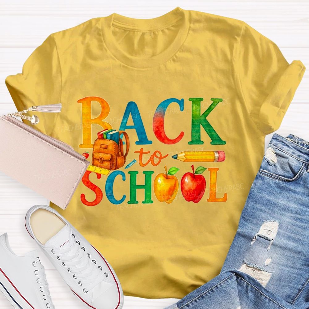 Watercolor Rainbow Back To School Backpack Apple Pencil Ruler Teacher T-shirt