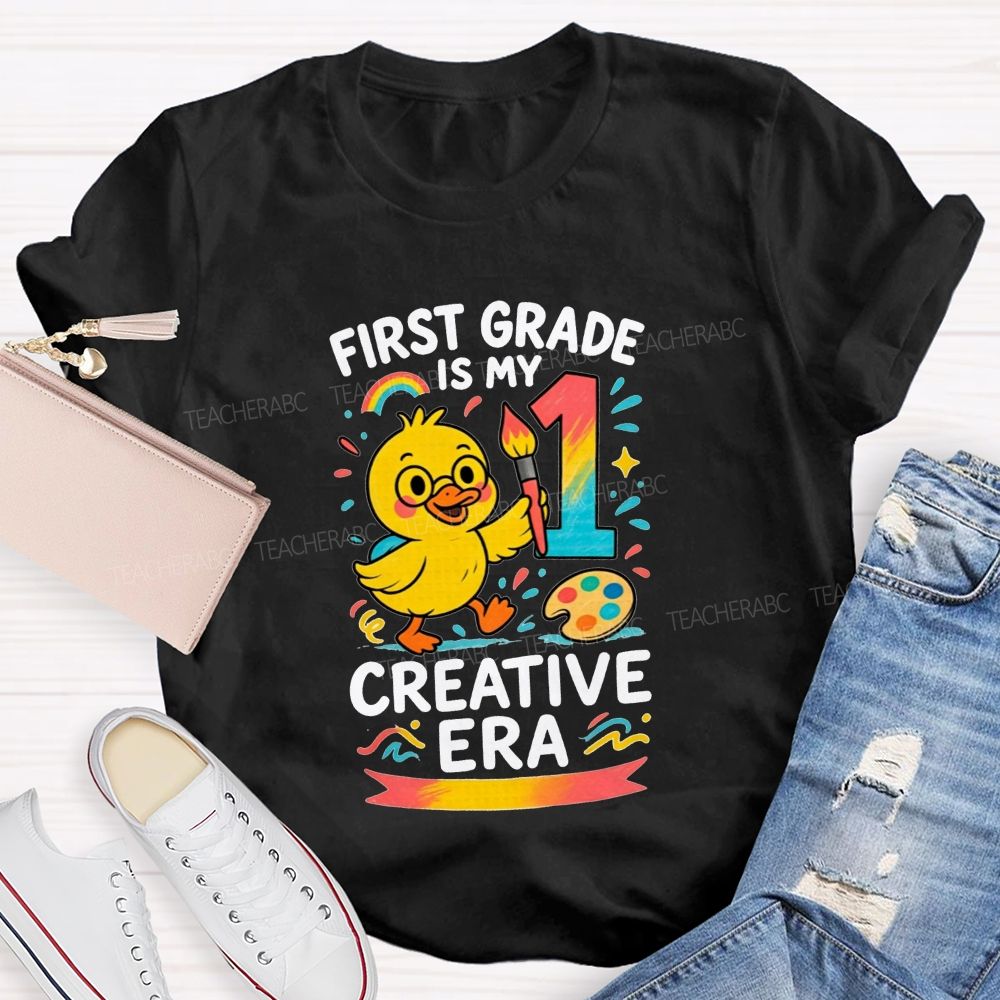 Personalized Grade First Grade Is My Creative Era Cute Yellow Duck Teacher T-shirt