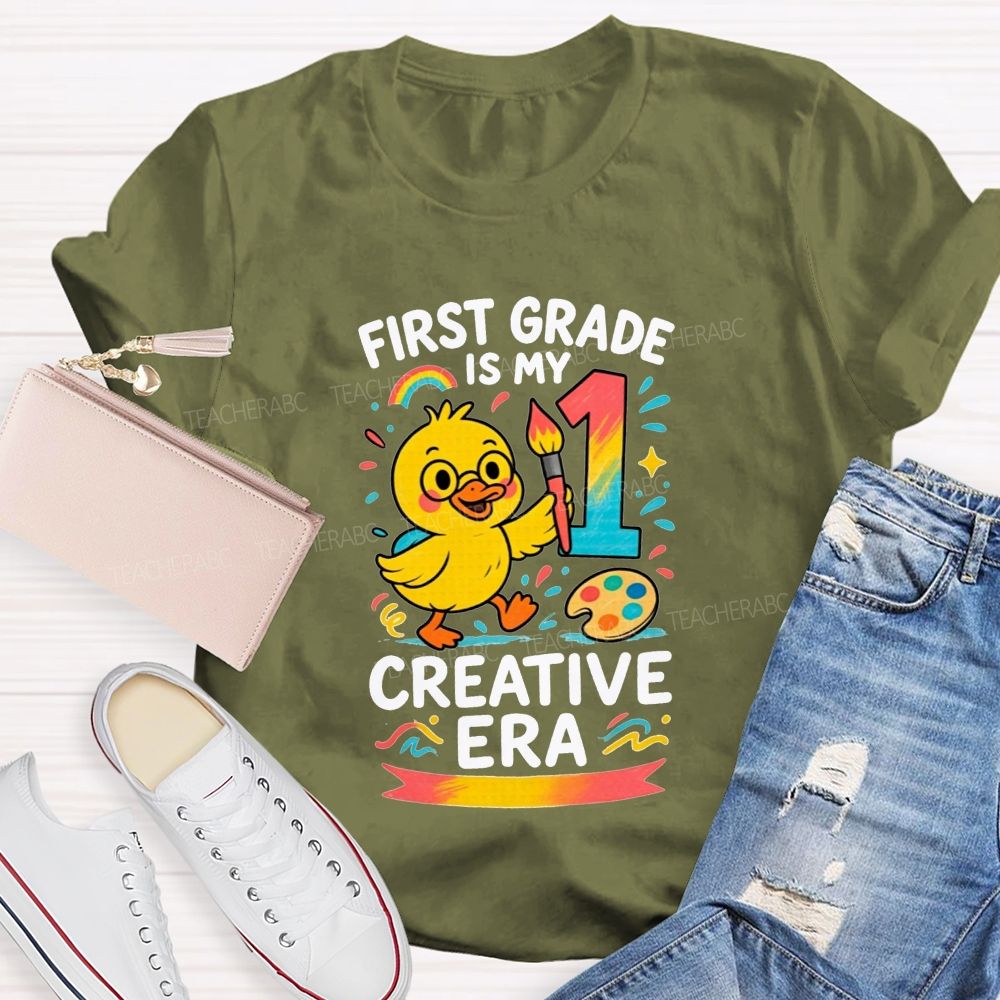 Personalized Grade First Grade Is My Creative Era Cute Yellow Duck Teacher T-shirt