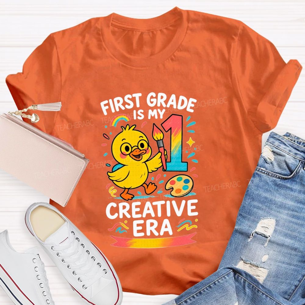 Personalized Grade First Grade Is My Creative Era Cute Yellow Duck Teacher T-shirt