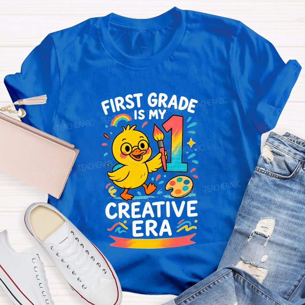 Personalized Grade First Grade Is My Creative Era Cute Yellow Duck Teacher T-shirt