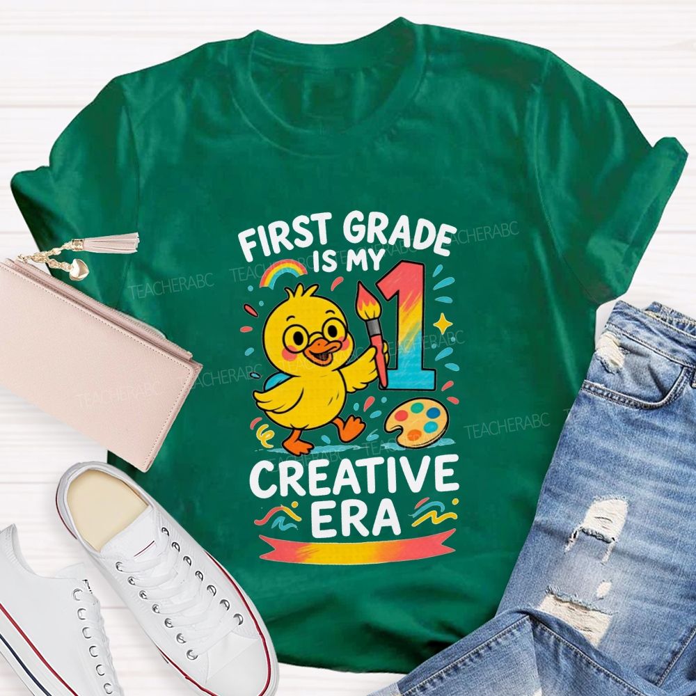 Personalized Grade First Grade Is My Creative Era Cute Yellow Duck Teacher T-shirt