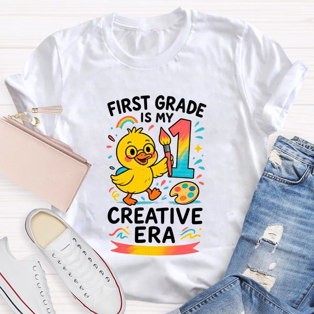 Personalized Grade First Grade Is My Creative Era Cute Yellow Duck Teacher T-shirt