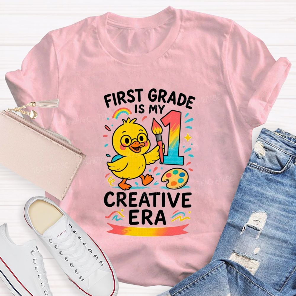Personalized Grade First Grade Is My Creative Era Cute Yellow Duck Teacher T-shirt