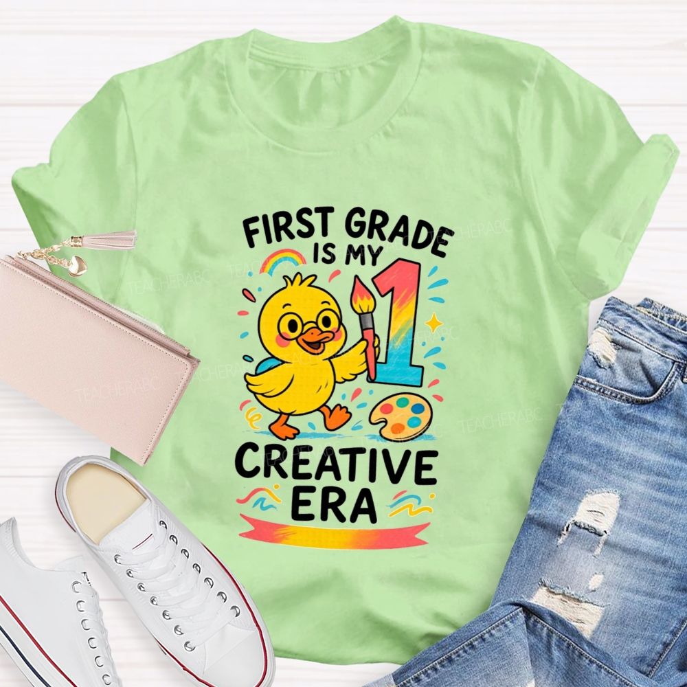 Personalized Grade First Grade Is My Creative Era Cute Yellow Duck Teacher T-shirt