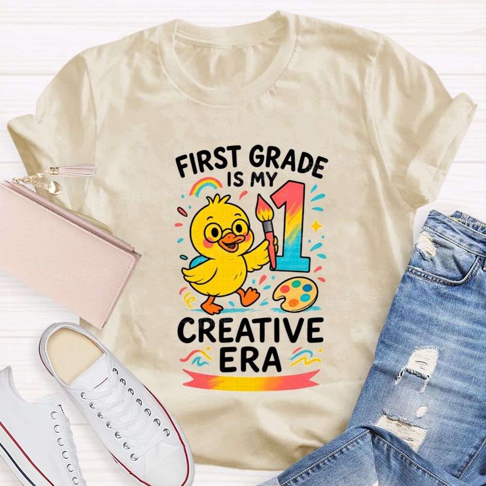 Personalized Grade First Grade Is My Creative Era Cute Yellow Duck Teacher T-shirt