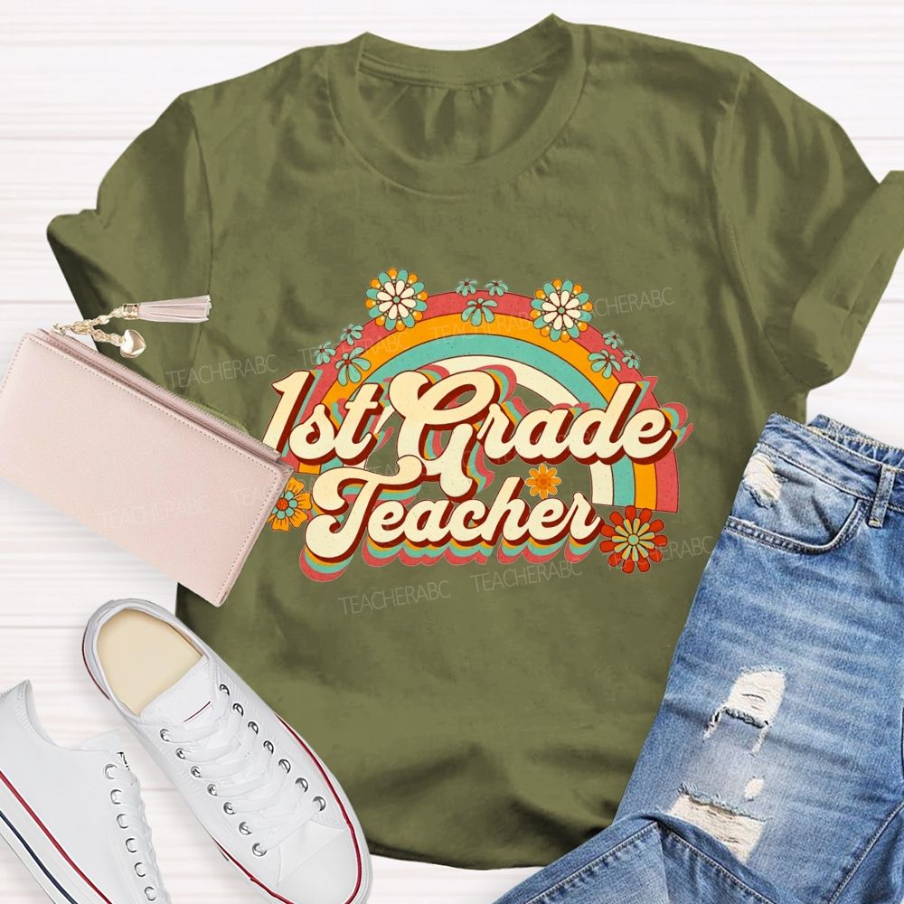 Personalized Grade Floral Rainbow 1st Grade Teacher T-shirt