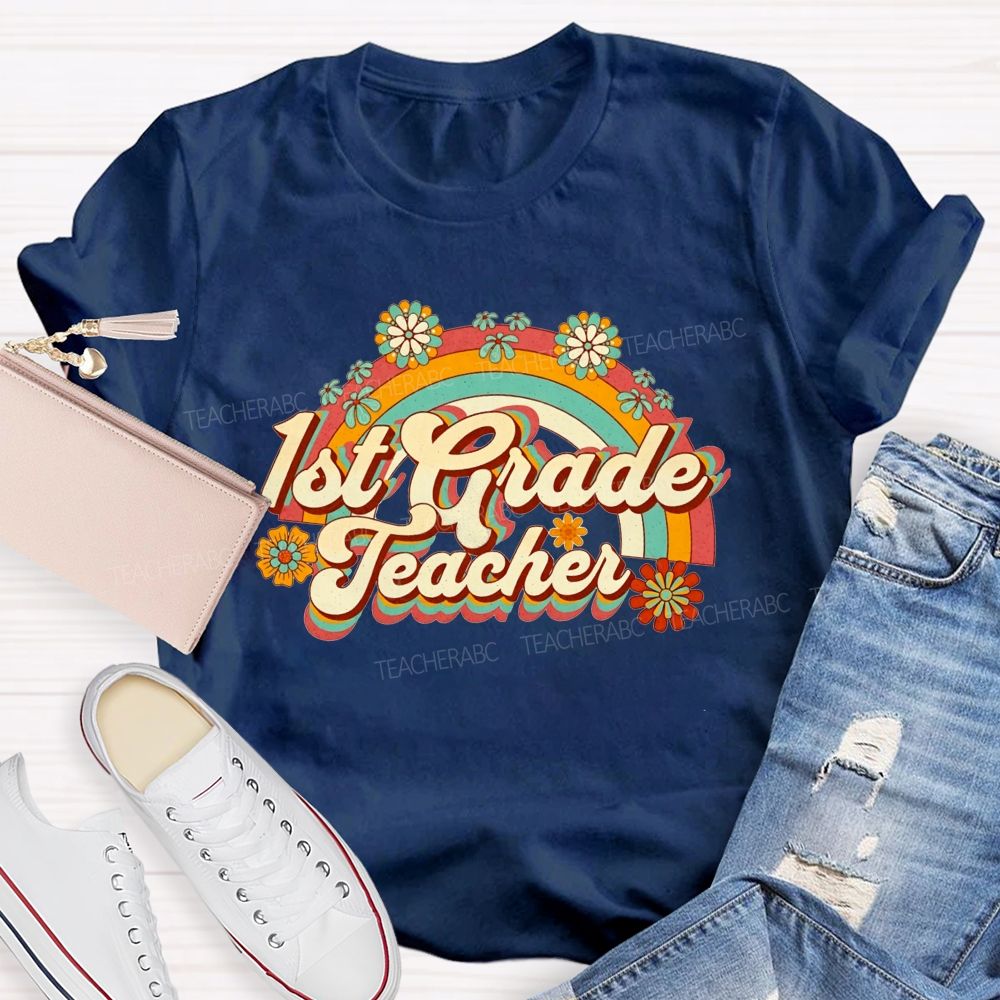 Personalized Grade Floral Rainbow 1st Grade Teacher T-shirt