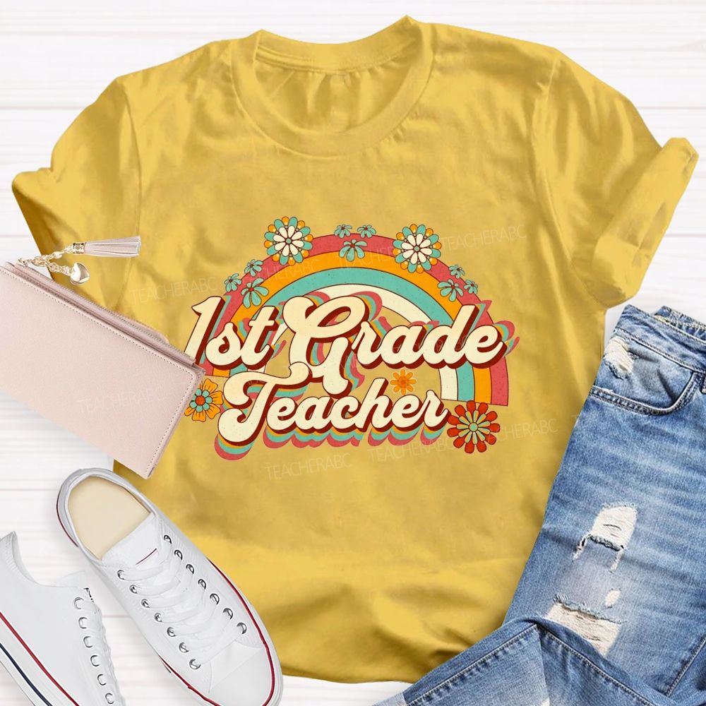 Personalized Grade Floral Rainbow 1st Grade Teacher T-shirt