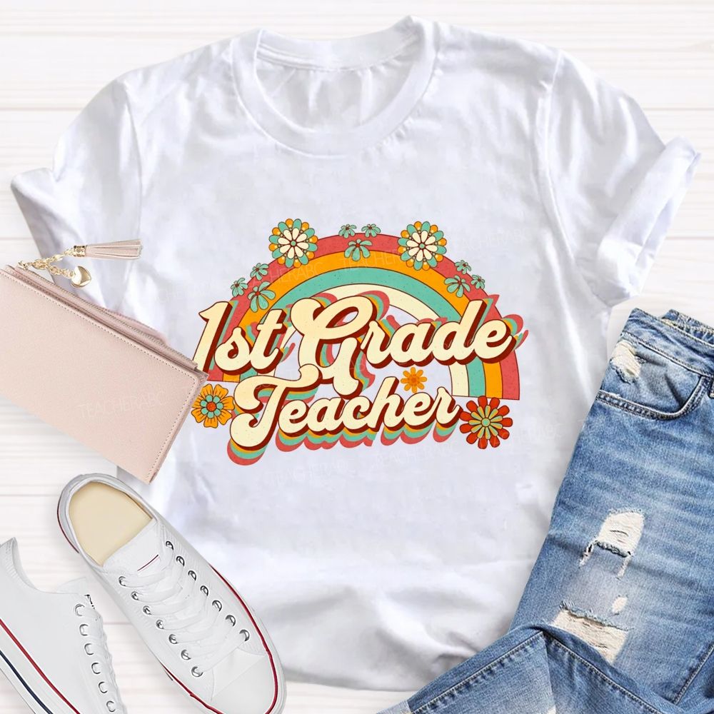 Personalized Grade Floral Rainbow 1st Grade Teacher T-shirt