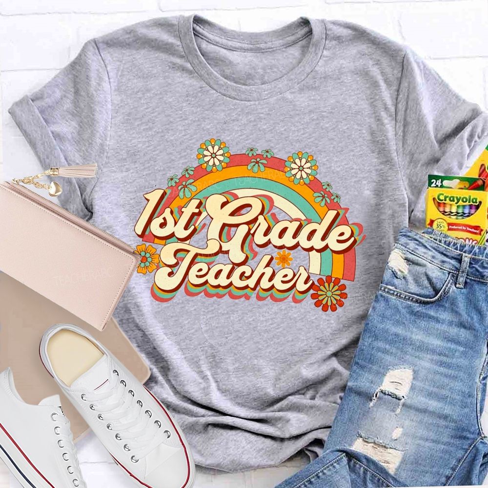 Personalized Grade Floral Rainbow 1st Grade Teacher T-shirt