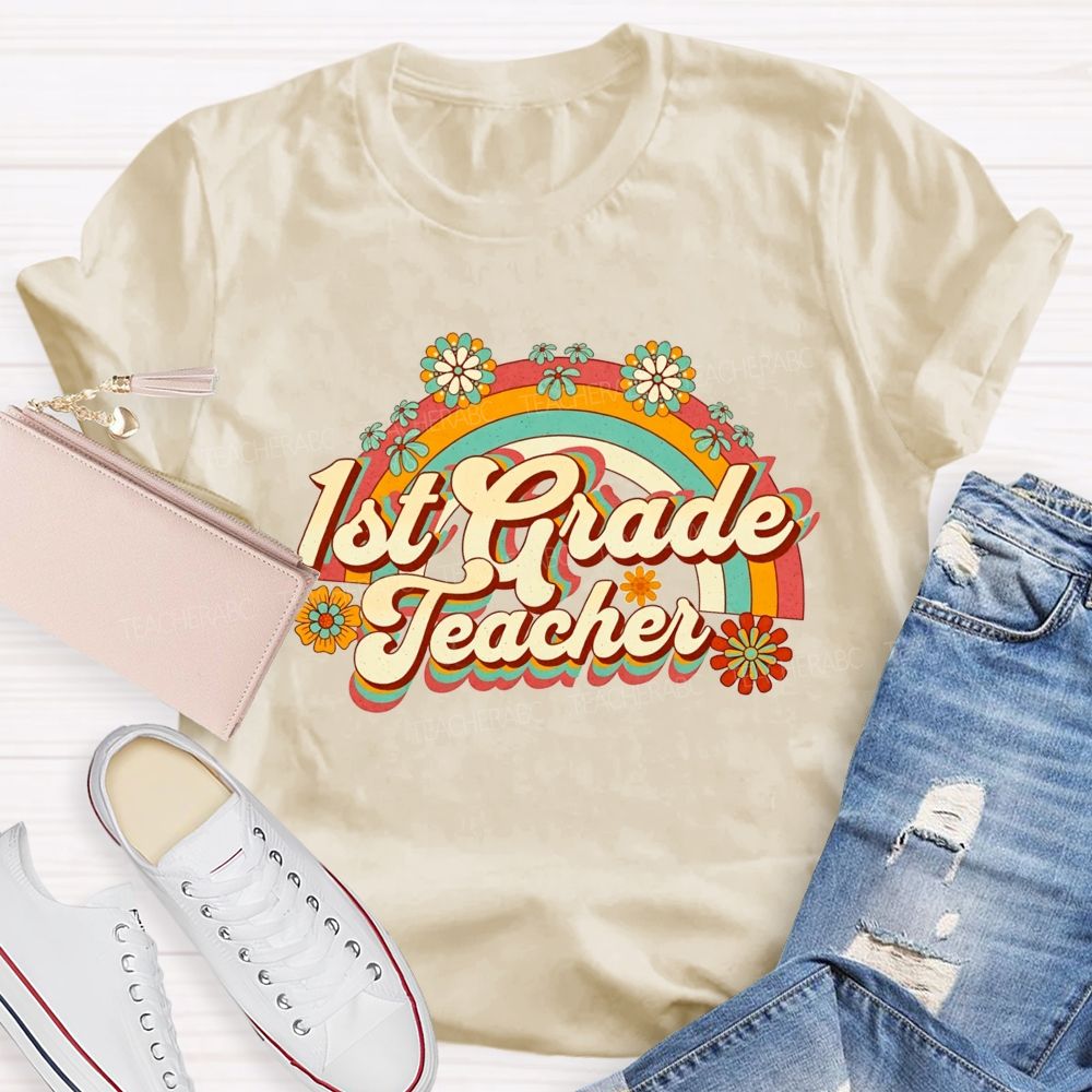 Personalized Grade Floral Rainbow 1st Grade Teacher T-shirt