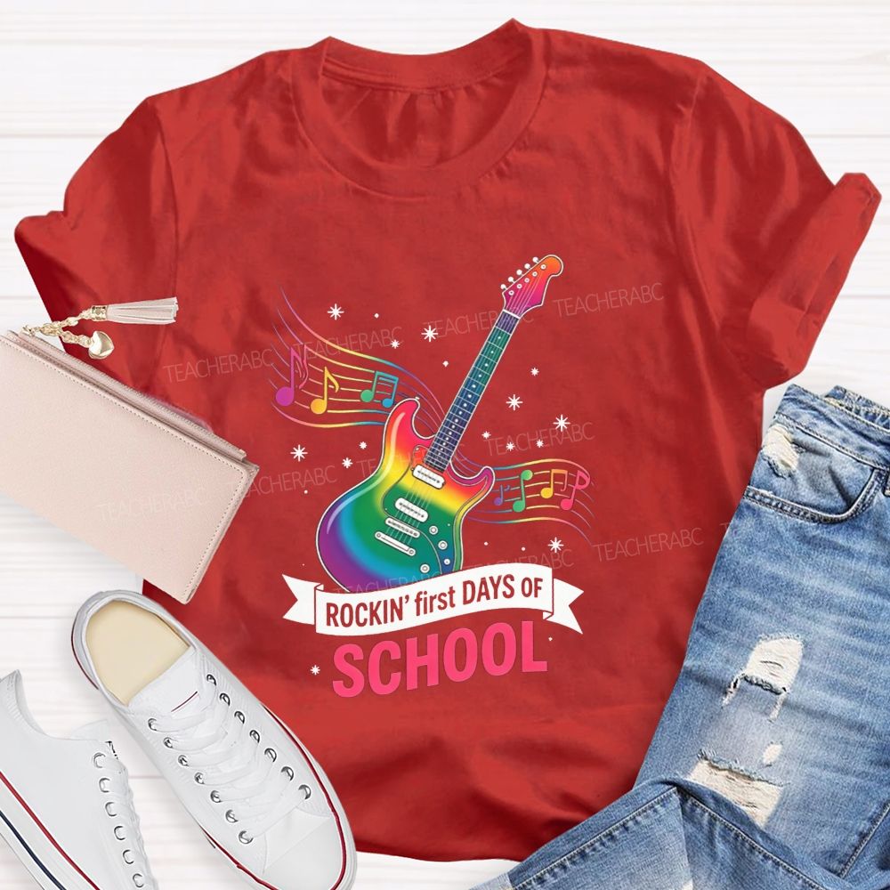Rockin' First Days Of School Rainbow Electric Guitar Music Teacher T-shirt