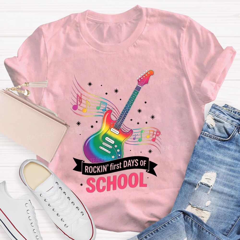 Rockin' First Days Of School Rainbow Electric Guitar Music Teacher T-shirt