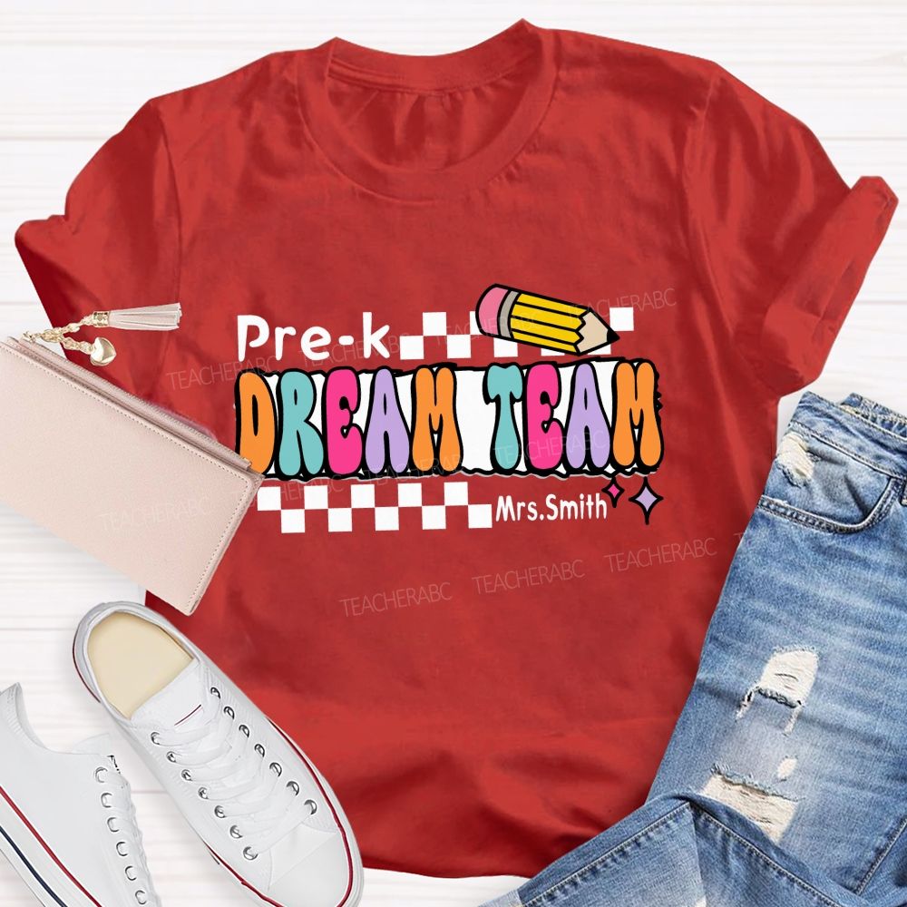 Personalized Grade And Name Dream Team Checkerboard Pencil Teacher T-Shirt