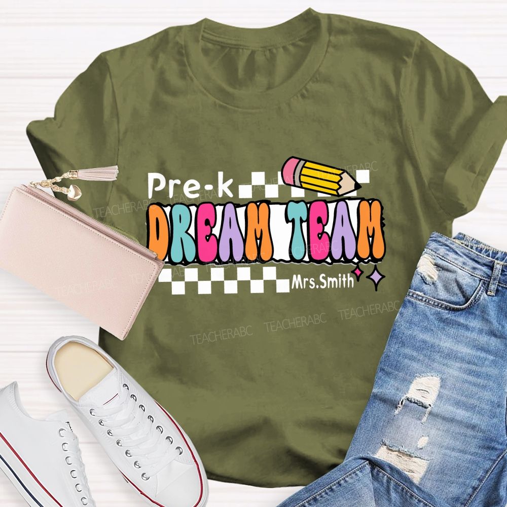Personalized Grade And Name Dream Team Checkerboard Pencil Teacher T-Shirt